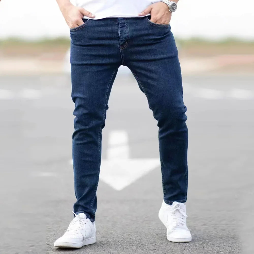 Frühling Herren Schwarz Blau Hose Reine Farbe Stretch Jeans Street Casual Slim Fit Hosen Herren Vintage Washed Skinny Jeans für Herren Hauptbild