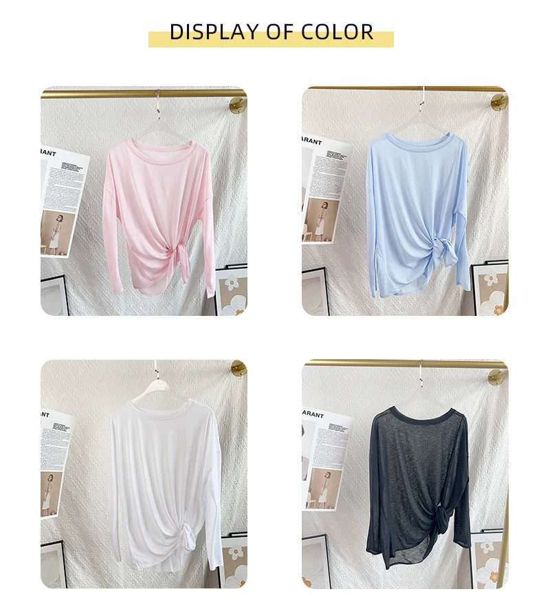 Damen Yoga Shirts Sportoberteile Langarm O-Ausschnitt Atmungsaktives Laufshirt Lockere Fitnesskleidung Gym Sportbekleidung Pilates T-Shirts