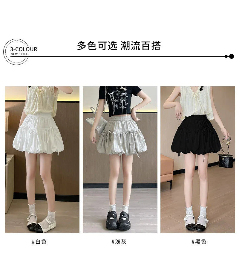 Süße Schleifen Plissierte Flauschige Röcke für Damen Sommer Koreanischer Stil Elastische Taille Laternenrock Damen Lockerer Weißer A-Linien Minirock