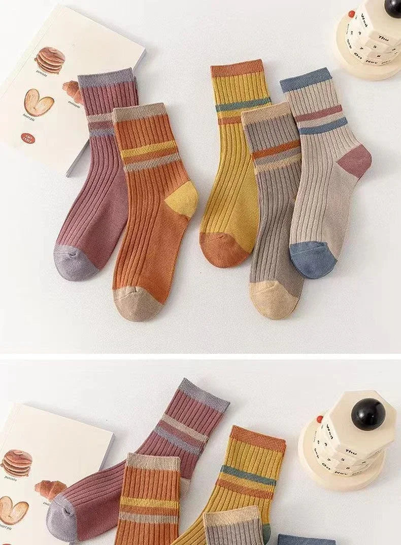 5 Paar gestreifte Socken für Damen, bequem, weich, mittellang, Winter, Harajuku, lustige Freizeitsocken, Damenstrümpfe, Strumpfwaren