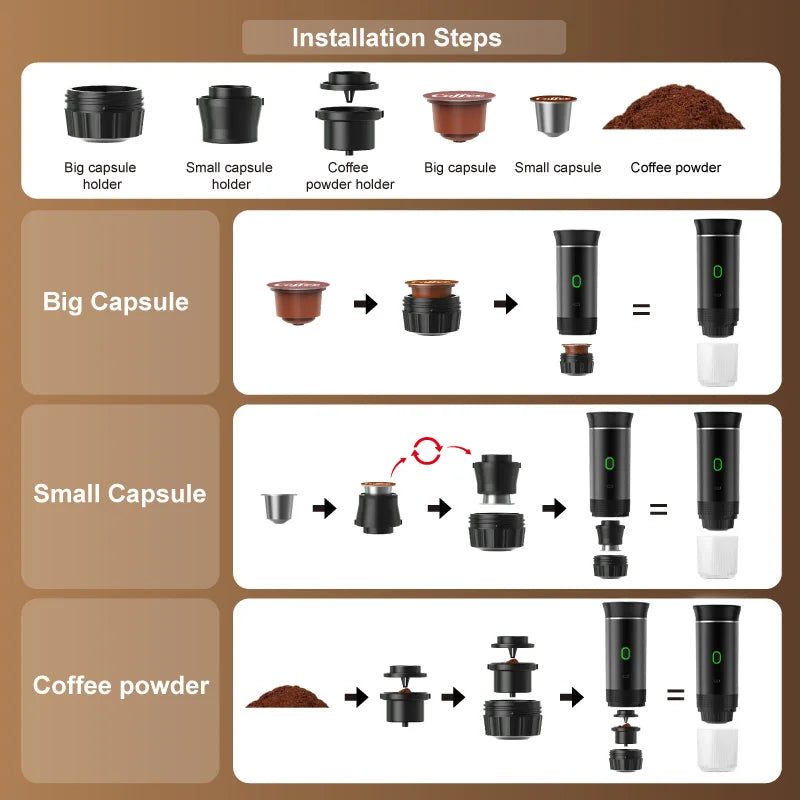 Kabellose elektrische tragbare Espresso-Kaffeemaschine für Auto & Zuhause, Camping-Kaffeemaschine, 3-in-1 Kapsel-Pulver-Reisekaffeemaschine