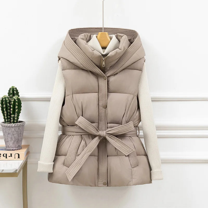 Damen gesteppte Pufferweste, dick, warm, Winter, Kapuzenmantel, einfarbig, ärmellose, gepolsterte Oberbekleidung, kurzer Mantel mit Knopfleiste und Reißverschluss
