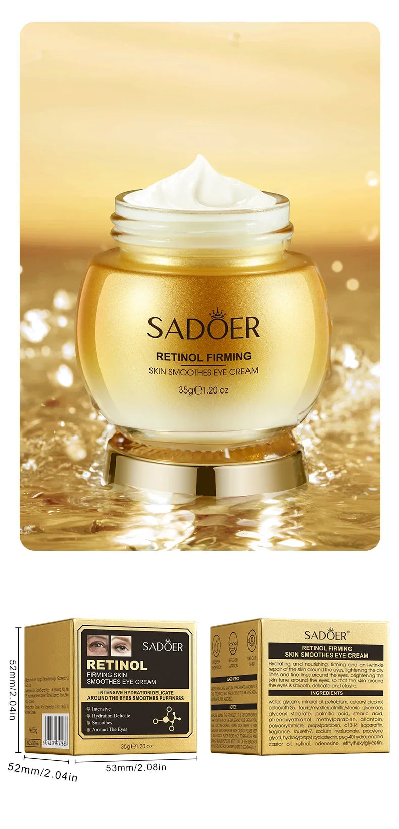 SADOER Retinol-Augencreme reduziert Augenringe und Falten, spendet Feuchtigkeit und strafft die Augenpartie, koreanisches Augenpflegeprodukt