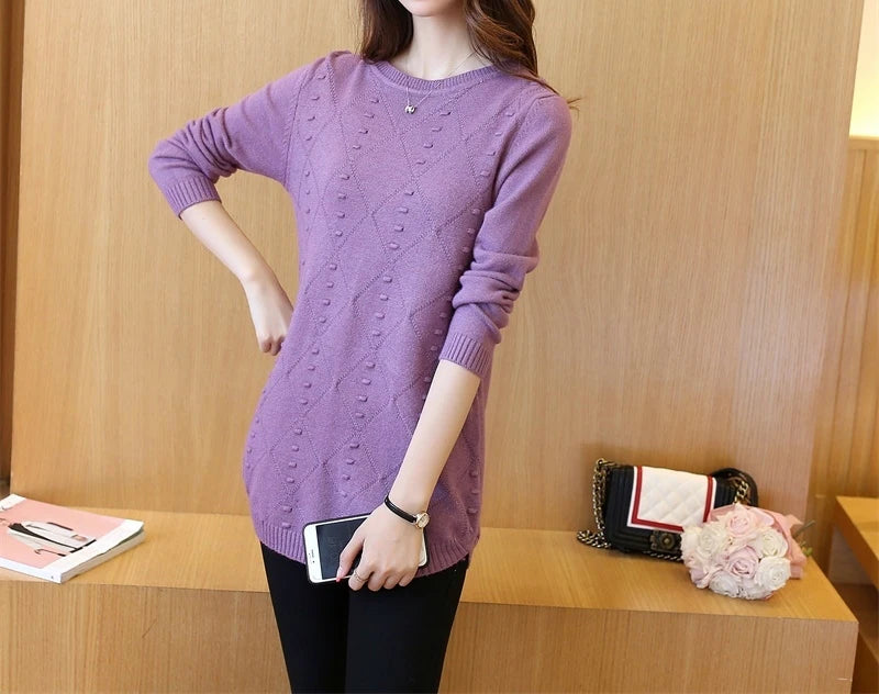 Strickpullover Herbst Winter Oberteile Rundhals Langarm Pullover Legere Warme Damenpullover Midi Lang Schmaler Pullover Mädchen