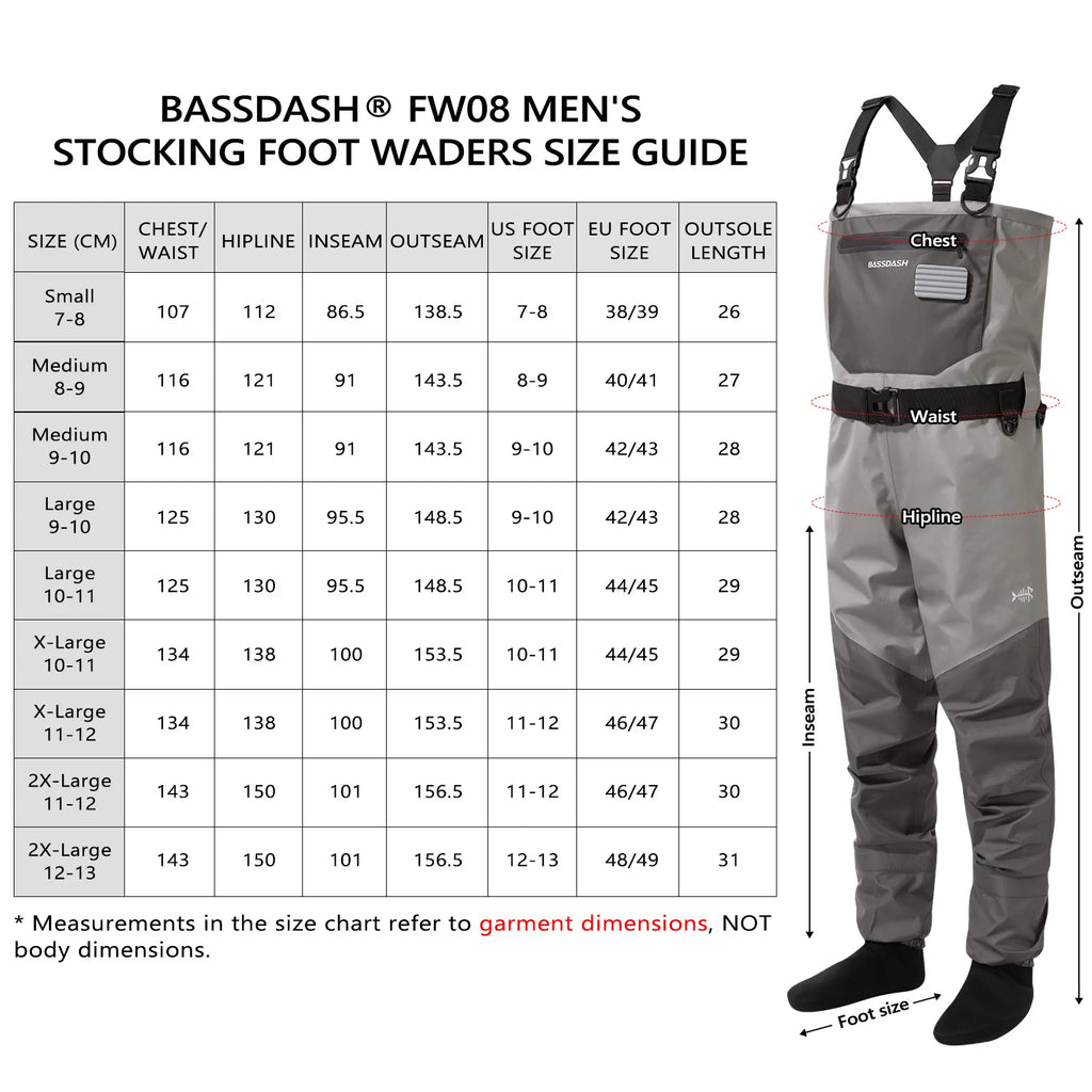 BASSDASH Anglerwathose leicht, mit angesetzten Füßlingen, FW08, für Herren, atmungsaktive Wathose, wasserdicht, zum Fliegenfischen, Brusthöhe