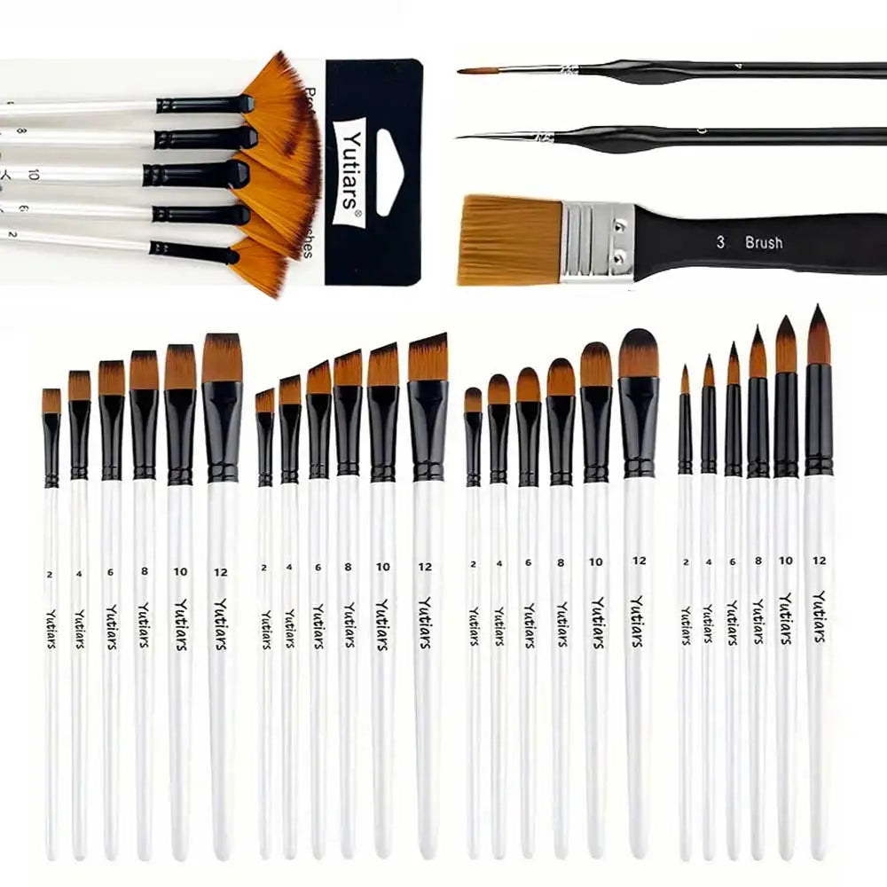 32pcs White Artist Brush Set - Round, Angle, Flat, Fan & Detail Brushes. Multi-functional for Acrylic, Oil, Watercolor, Gouache Hauptbild