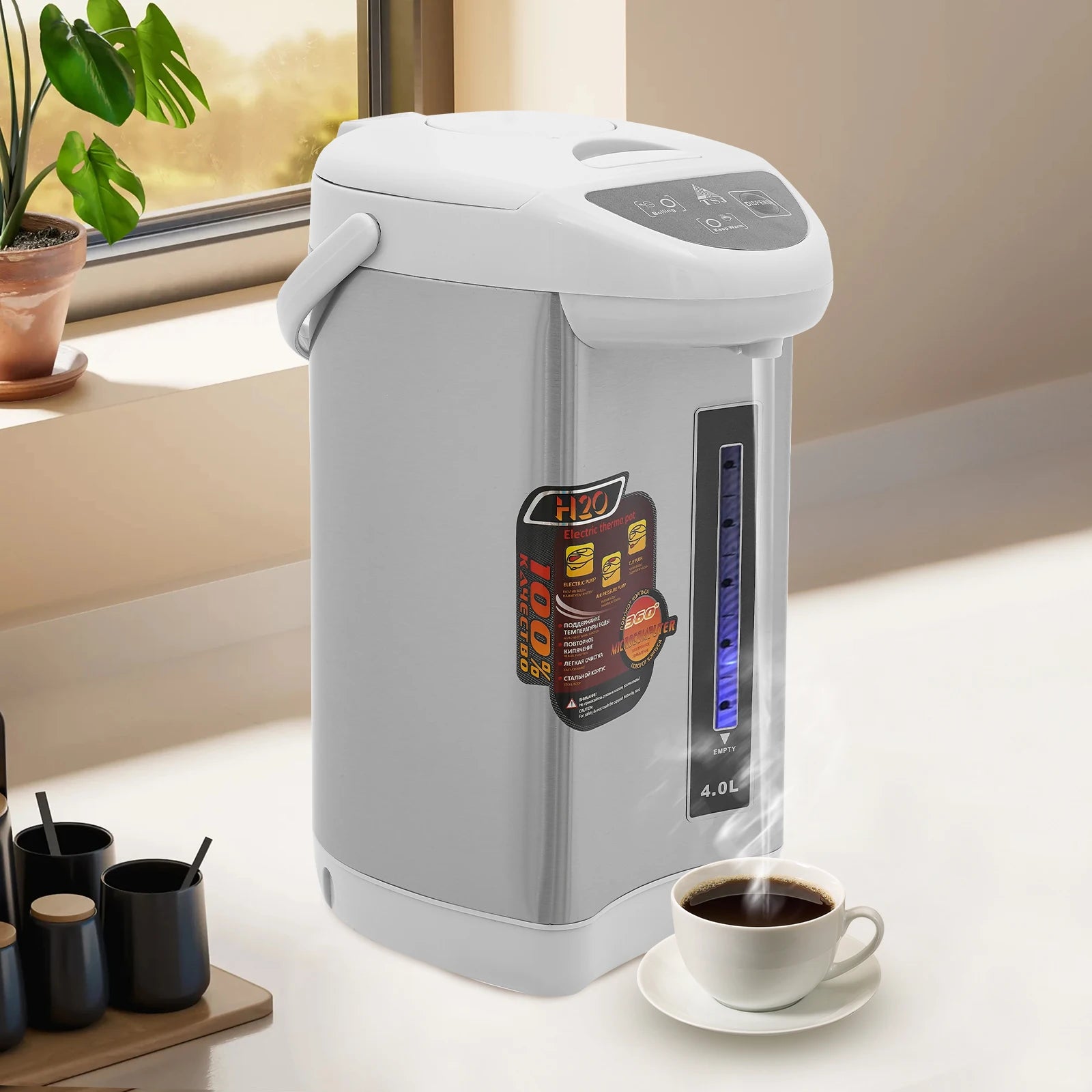 4L elektrischer Wasserkocher & Wärmer, 750W Edelstahl Heißwasserspender mit 3 Ausgabemodi, 90°C Warmhaltefunktion