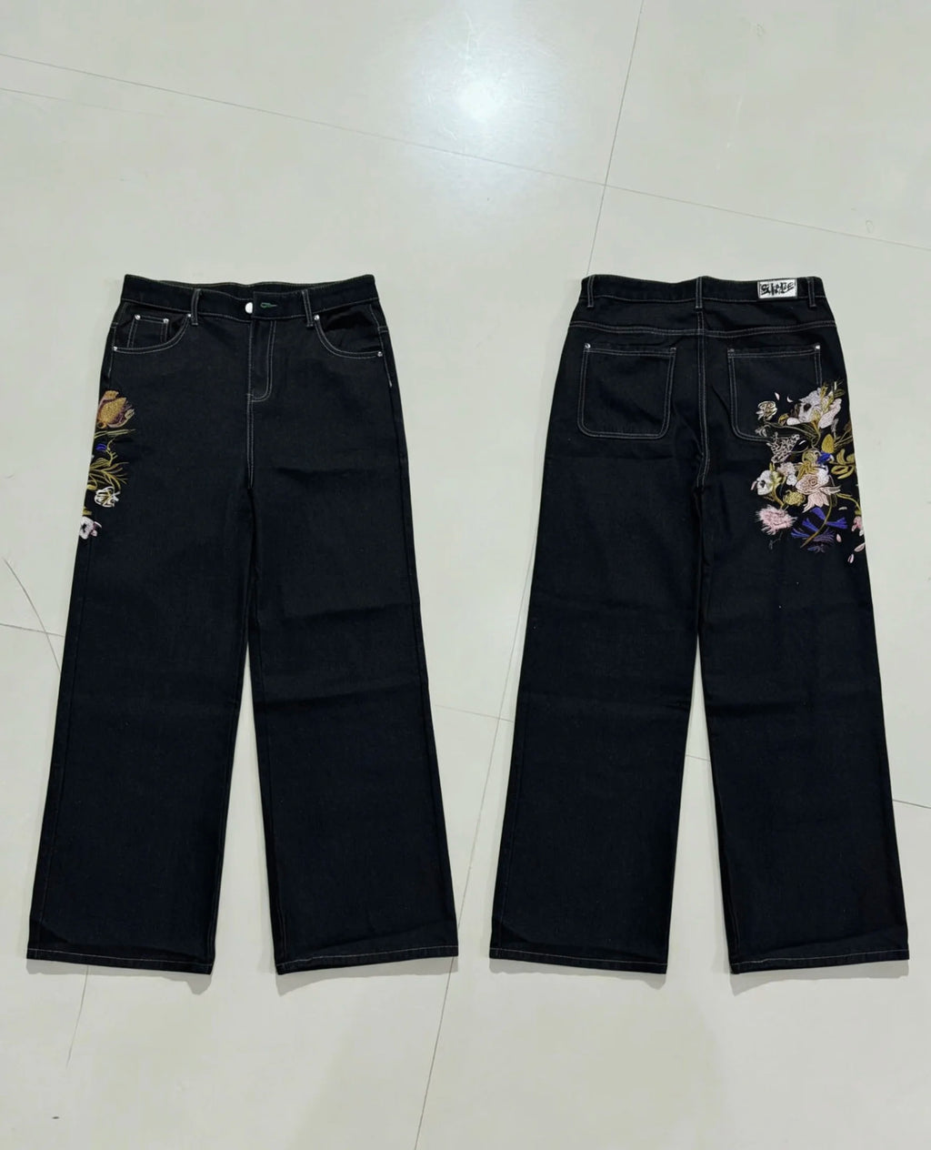 Y2K Black Washed Bestickte High-Waisted Oversized Jeans Herren Europäischer und Amerikanischer Retro Klassiker Lockere Weite Gerader Schnitt Hosen