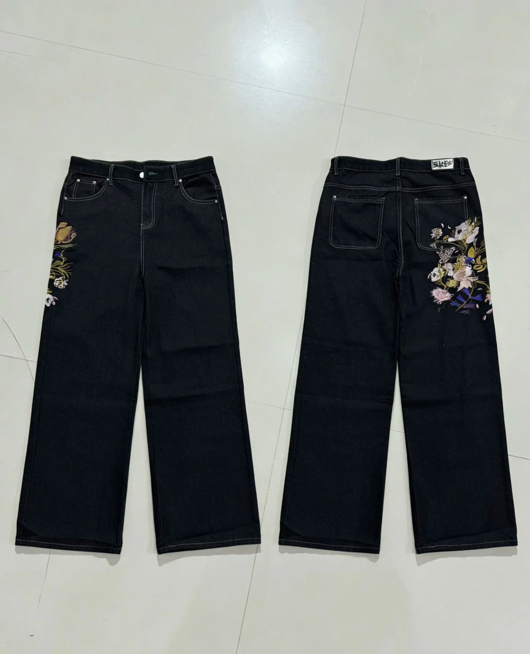 Y2K Black Washed Bestickte High-Waisted Oversized Jeans Herren Europäischer und Amerikanischer Retro Klassiker Lockere Weite Gerader Schnitt Hosen