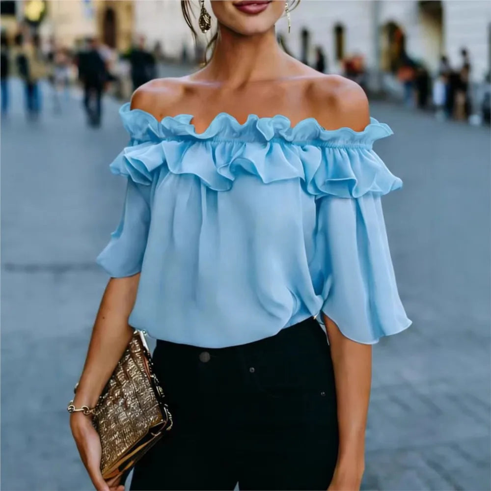Mode Rüschen Sexy One Shoulder Damen Kurzarmshirt Sommer Neu Lässige Weite Oberteile Weibliche Elegante Vielseitige Bürobluse Hauptbild