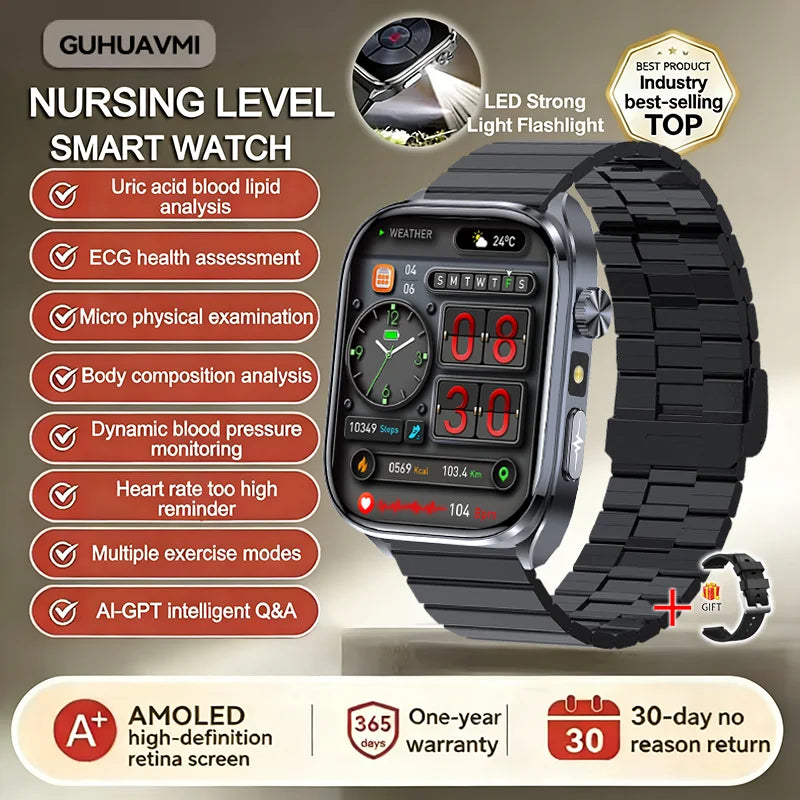 Neue Gesundheitsuhr Harnsäure Blutdruck Blutsauerstoff Körperanalyse Körperfett Smartwatch EKG+PPG Bluetooth Anruf Uhr Frauen Männer