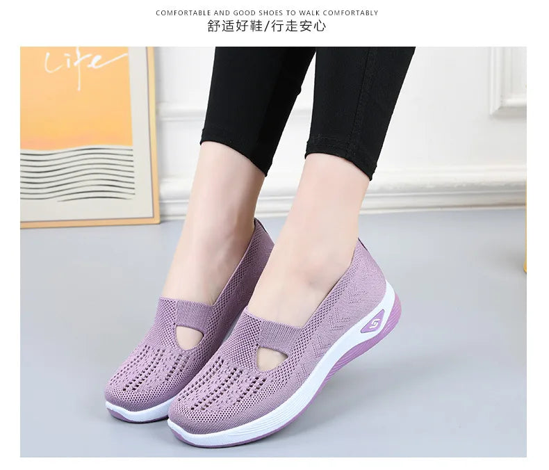 Damen Neue Sommerschuhe Mesh Atmungsaktive Sneaker Leichte Slip-on Plateau Freizeitschuhe Damen Rutschfeste Gehschuhe Gewebte Schuhe