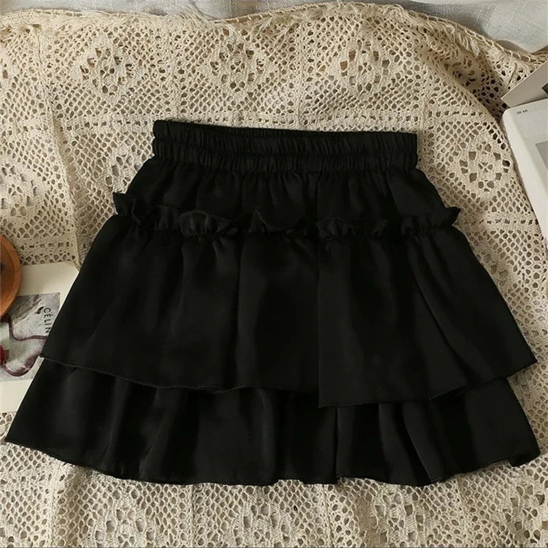 Sommer Kawaii Weiß Rüschenrock Damen Mode Slim Fit Minirock Mädchen Y2k All Match Elastischer Hoher Bund Schwarze Faldas