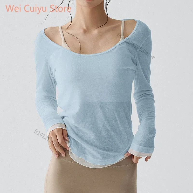 Damen Langarm Sportshirt Yoga Bekleidung Fitness T-Shirt Schnelltrocknendes Laufshirt Workout Top Damen Gym Shirt Kleidung Zweitbild