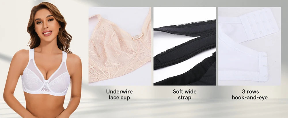Sheroine Plus Size Women's Lace Floral Minimizer Bra, Underwire Full Coverage Unpadded Bras for Women Lifting Support Comfort