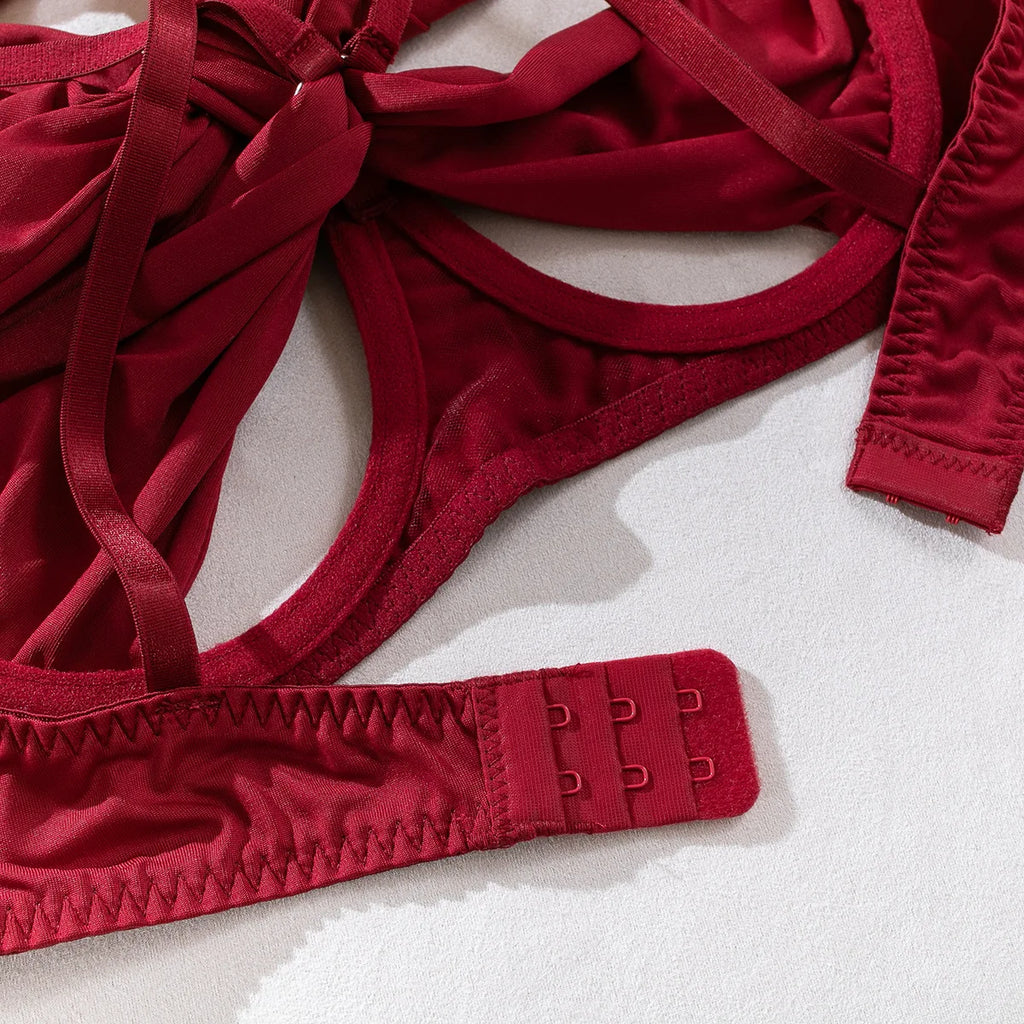 Sexy Dessous-Set mit Schleifenverzierung, durchbrochen, für Damen, einfarbig, exotische Bekleidung, weiblicher Stil, reine Begierde, Unterwäsche mit Strapsen und Handschuhen