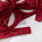 Sexy Dessous-Set mit Schleifenverzierung, durchbrochen, für Damen, einfarbig, exotische Bekleidung, weiblicher Stil, reine Begierde, Unterwäsche mit Strapsen und Handschuhen