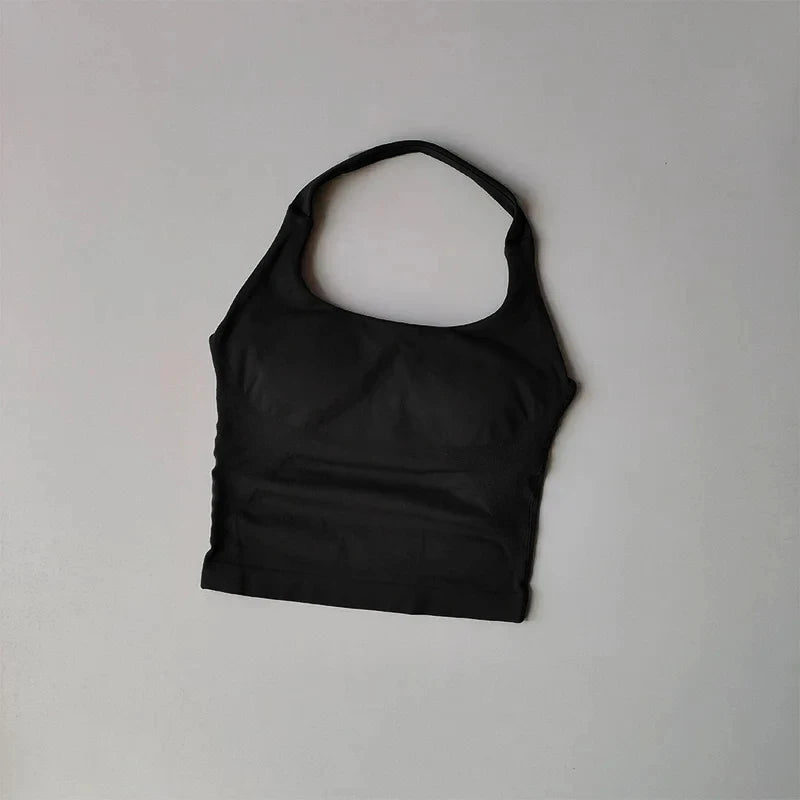 Nahtlose Neckholder-Yoga-Tanktops für Damen mit integriertem BH, gepolstertem Gymnastik-Top, ärmellosem Shirt, tailliert, rückenfrei, Sportbekleidung