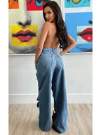 CM.YAYA Damen Vintage Cutout Hollow Out Criss Cross Gerade Denim Hose 2024 Mode INS High Waist Weite Beine Jeans Hose