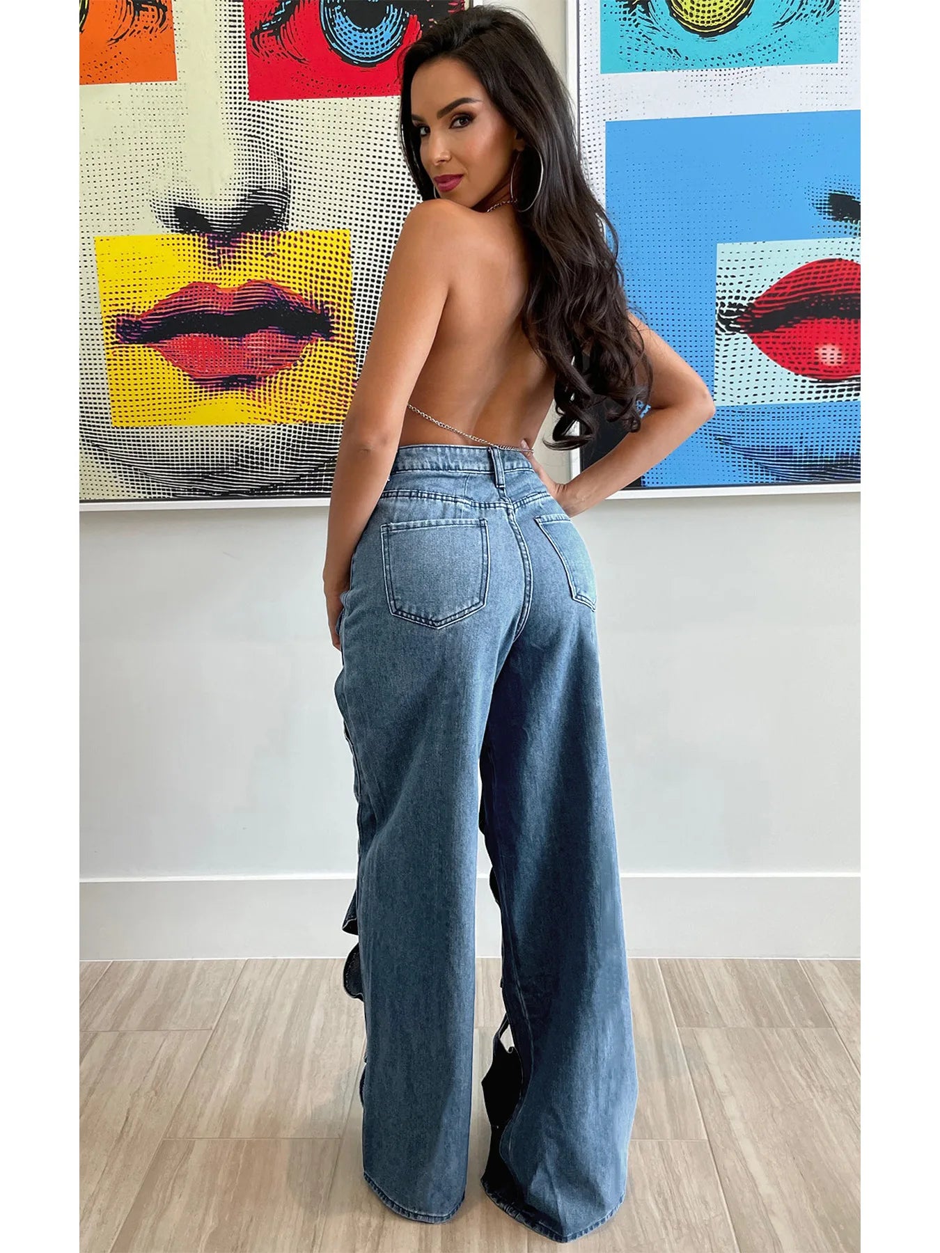 CM.YAYA Damen Vintage Cutout Hollow Out Criss Cross Gerade Denim Hose 2024 Mode INS High Waist Weite Beine Jeans Hose
