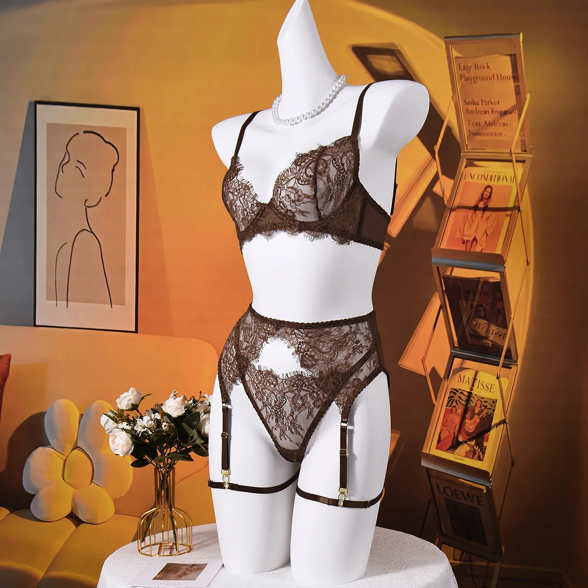 Elegant Lingeries Sexy Hot Exclusive Coffee Bra Belt Thong 3PC with Leg Circles Cute Intimate Lace Tempted Tipsy Set