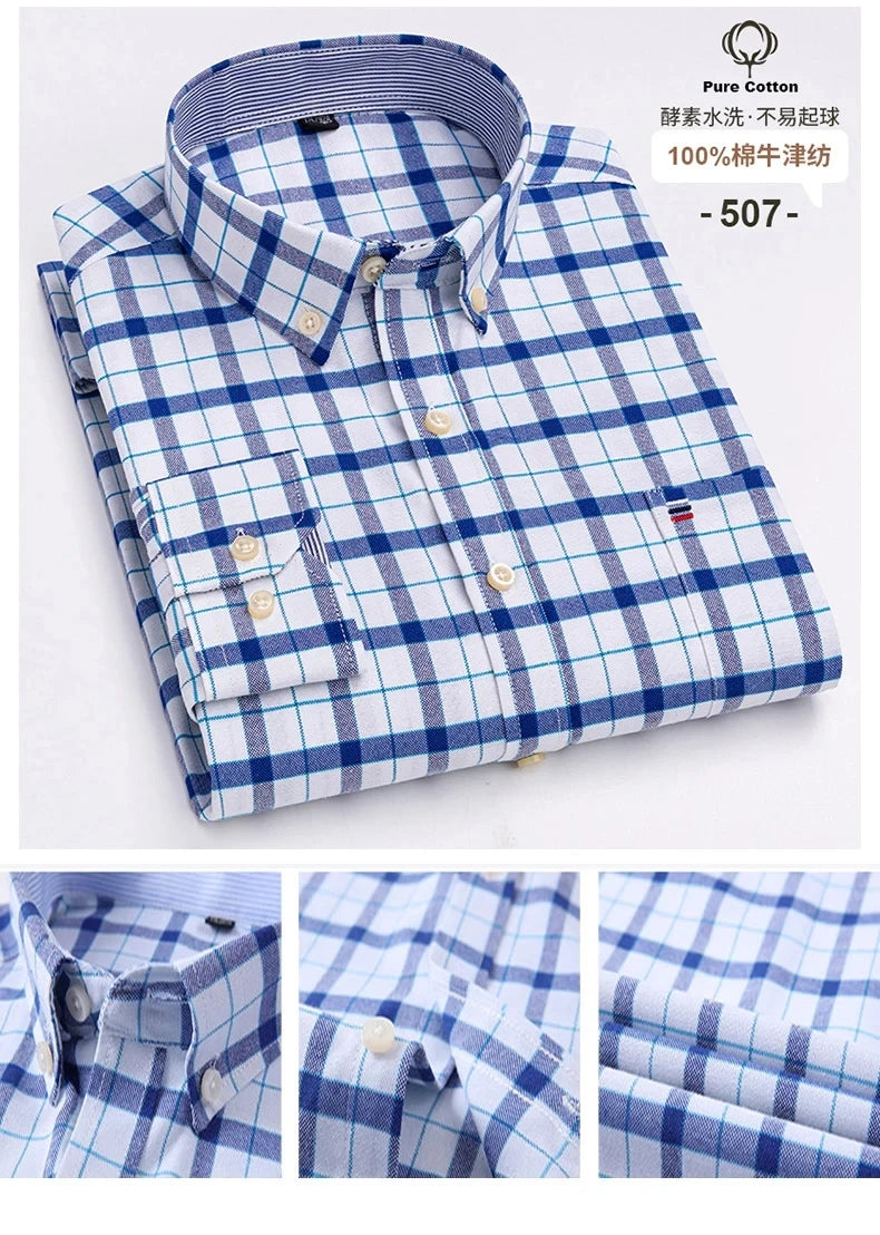 100 % Baumwolle Oxford Herrenhemden Langarm Kariert Weich Regular Fit Festliches Hemd Tasche Sozial Bluse Herrenkleidung S-7XL