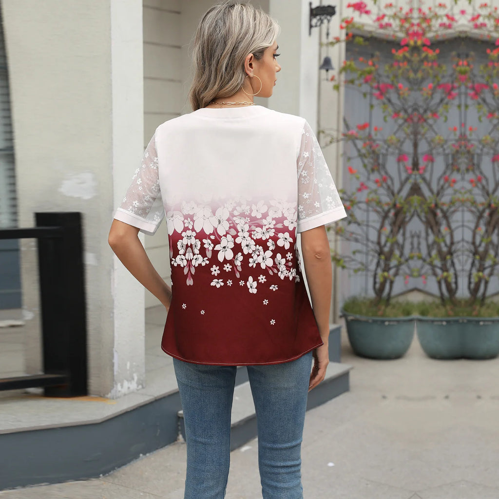 Sommerhemden Damen Spitze Patchwork Kurzarm Bluse Blumendruck Kleidung Mode Street Casual Täglich V-Ausschnitt Knopfleiste Tops 2025
