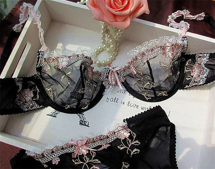 Französischer Minimizer-BH-Set | Große Größe, ungefüttert, Spitze, Halb-Cup, große Körbchen, dünn, Anti-Schwerkraft, transparenter Dessous-Set BANERDANNI BHs