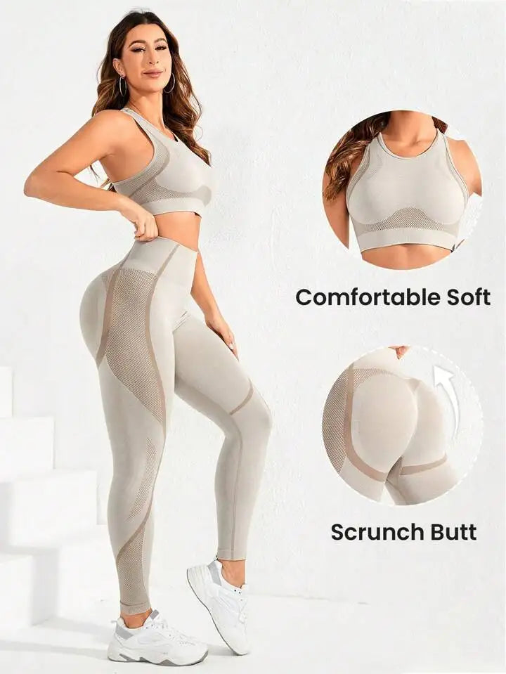 2-teiliger Anzug, Damen Yoga Anzug, schöne Rücken-High-Waist-Hosen-Kombination, nahtlose, super elastische, ideale Fitnesskleidung