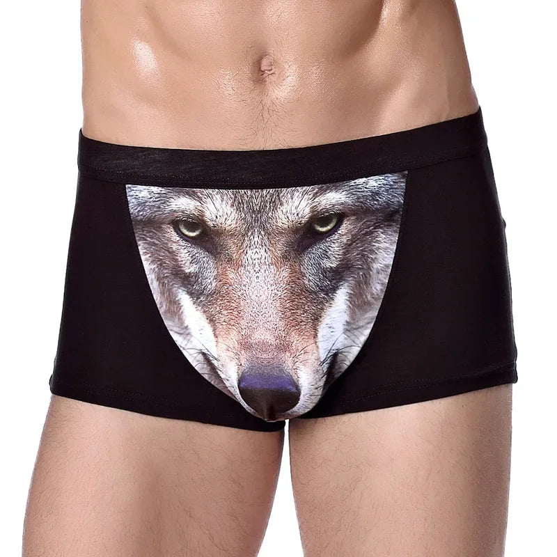 Herren Einzigartige 3D-gedruckte Wolfs-Adlerkopf-Flachwinkel-Hose mittelhohe Boxershorts Atmungsaktives gestricktes Modal-Gewebe