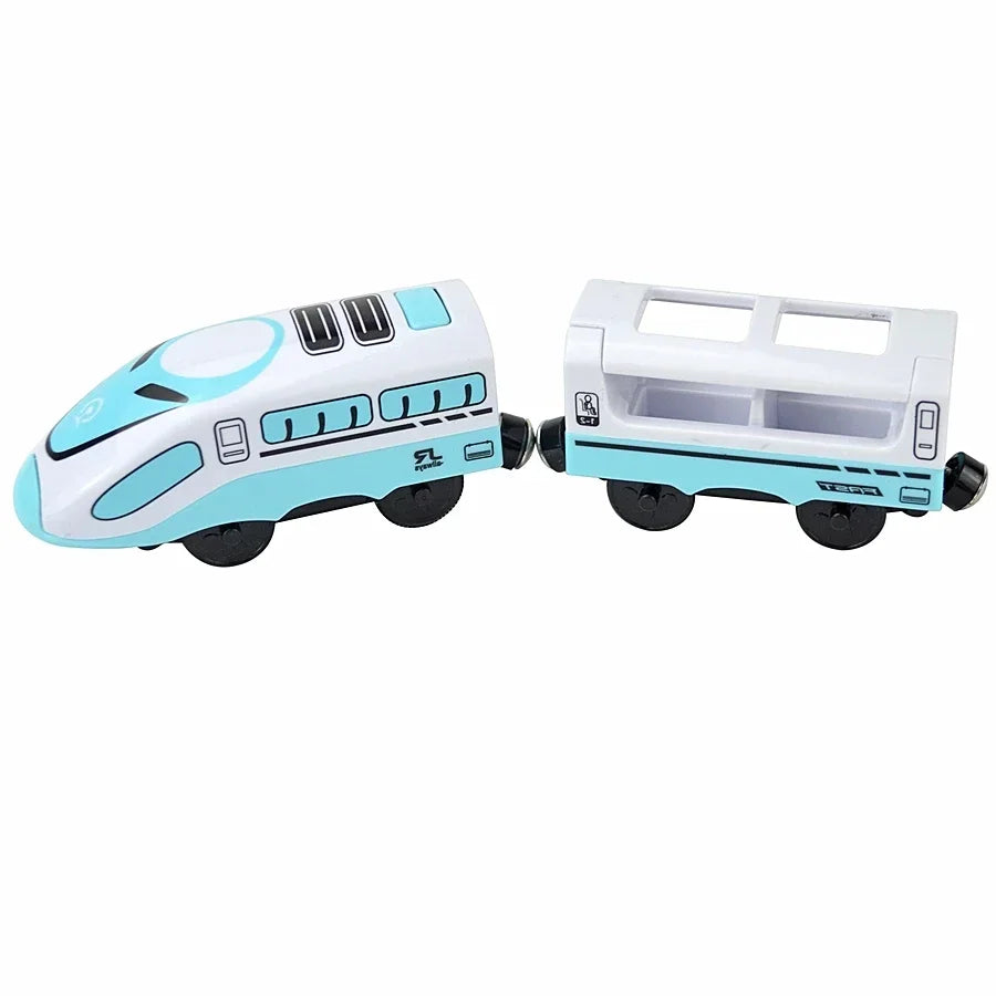 Magnetischer elektrischer Zug Lokomotive Holzeisenbahn Schlitz Diecast Eisenbahn mit zwei Waggons Zug Holz Kinderspielzeug Biro Leduo Strecke