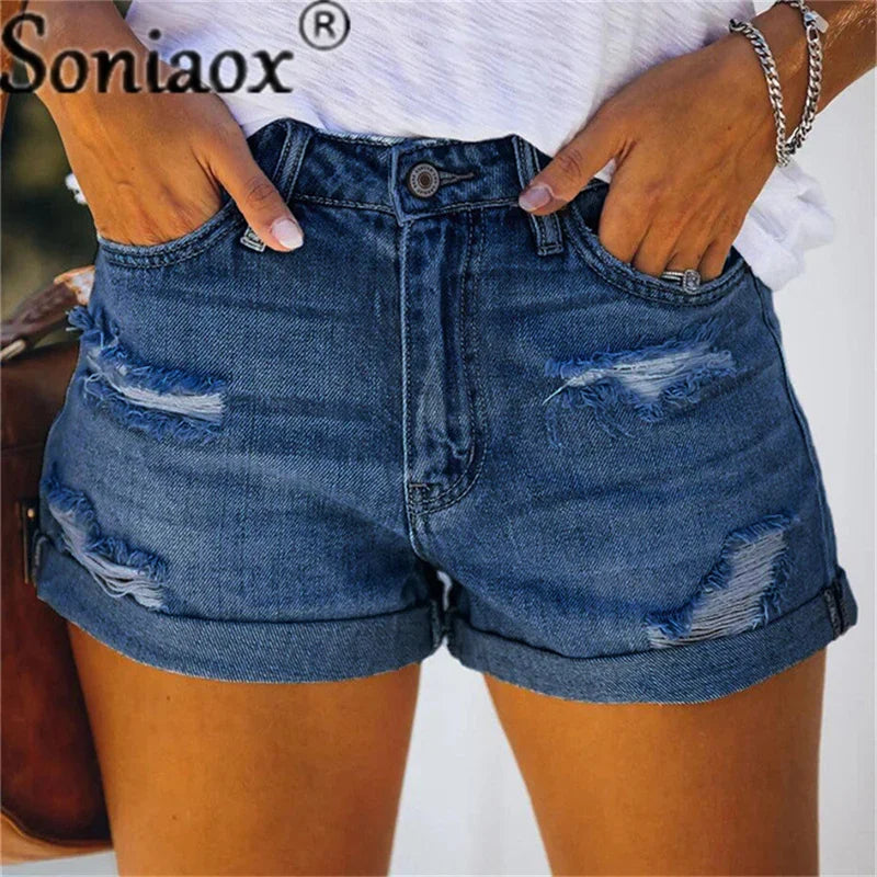 2024 Sommer neue Damen-Crimp-Knopfleiste Stretch Sexy Loch Jeans-Shorts High Waist Skinny Streetwear Trendige Ripped Denim-Shorts