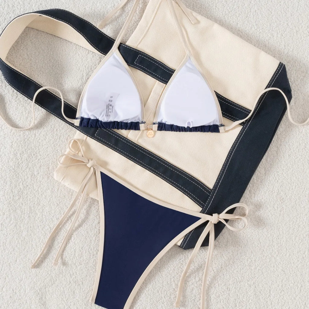 2026 Neu eingetroffen: Sexy Bikini-Set, zweiteiliger Damen-Badeanzug mit Color-Blocking-Rand, seitlicher Bindung und überkreuzten Rückendetails für Strand und Pool