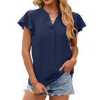 Neue Damen V-Ausschnitt Lose Pullover Chiffon-Shirts Elegante Mode Einfarbige Rüschen Damenbluse Sommer Lässige Kurzarm-Oberteile
