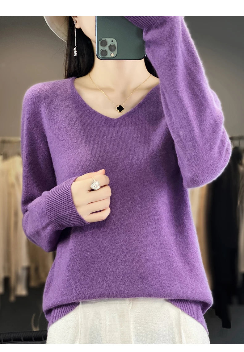 Damen 100% Merinowolle Pullover V-Ausschnitt Basic Pulli Herbst Winter Kaschmir Kleidung Langarm Weiche Strickware Oberteile Unifarben