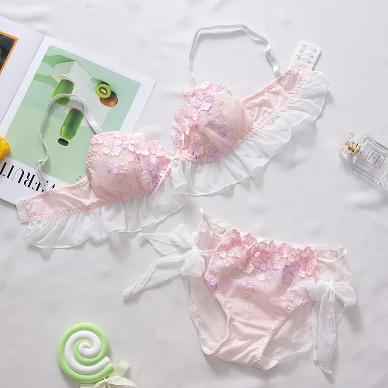 Besticktes Schleifen-Dessous-Set für Damen, japanisches süßes BH-Set, Triangel-Cup ohne Bügel, Studentenunterwäsche