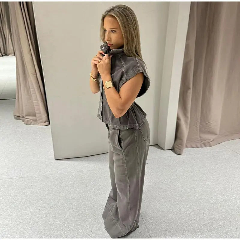 Jeansweste Lockere Lange Hose Damen Set Stehkragen Einreiher Taillierte Oberteile Hohe Taille Hose Schicke Lässige Damen Neue Sets