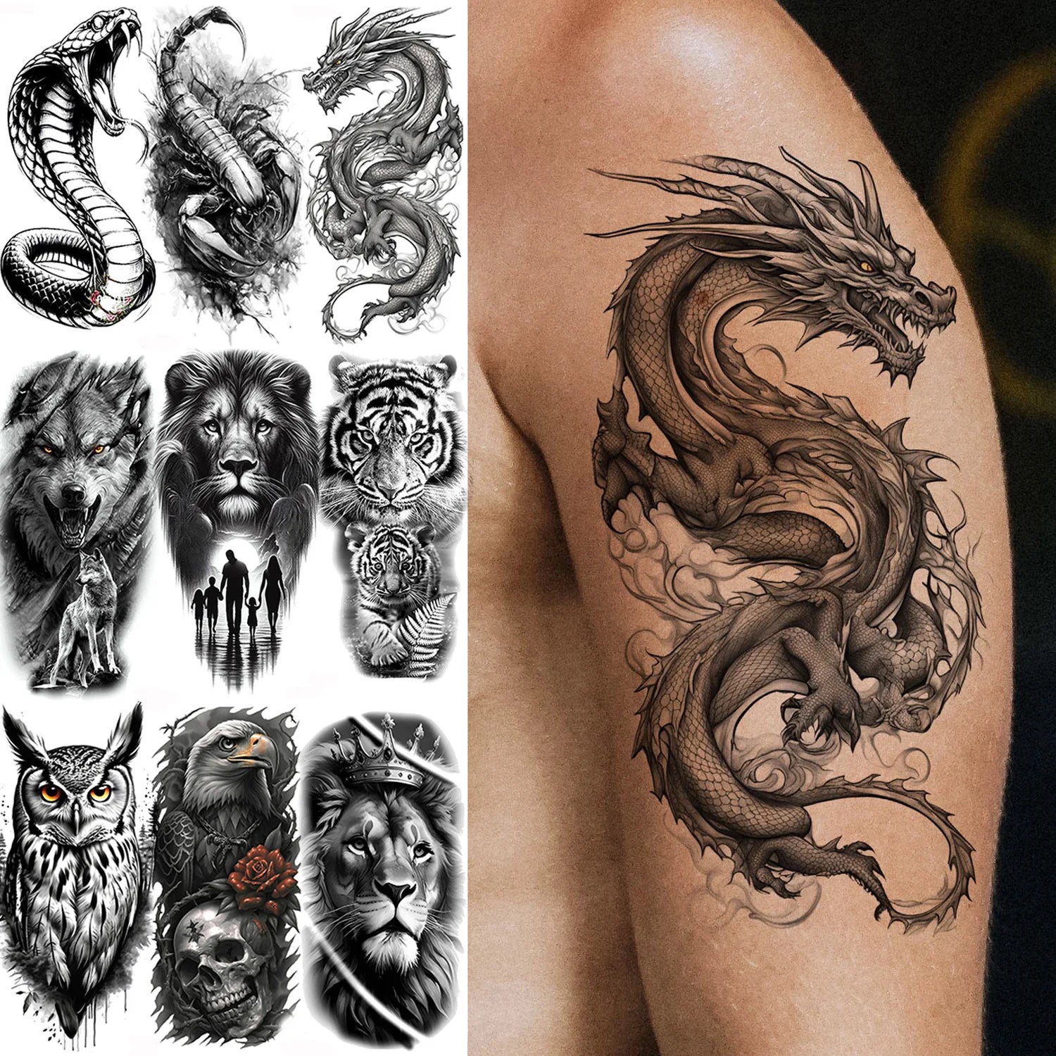 1 Blatt Kobra Schlange Drache Skorpion Temporäre Tattoos für Männer Frauen Wasserdicht Langlebig Löwe Tiger Wolf Fake Tattoo Aufkleber