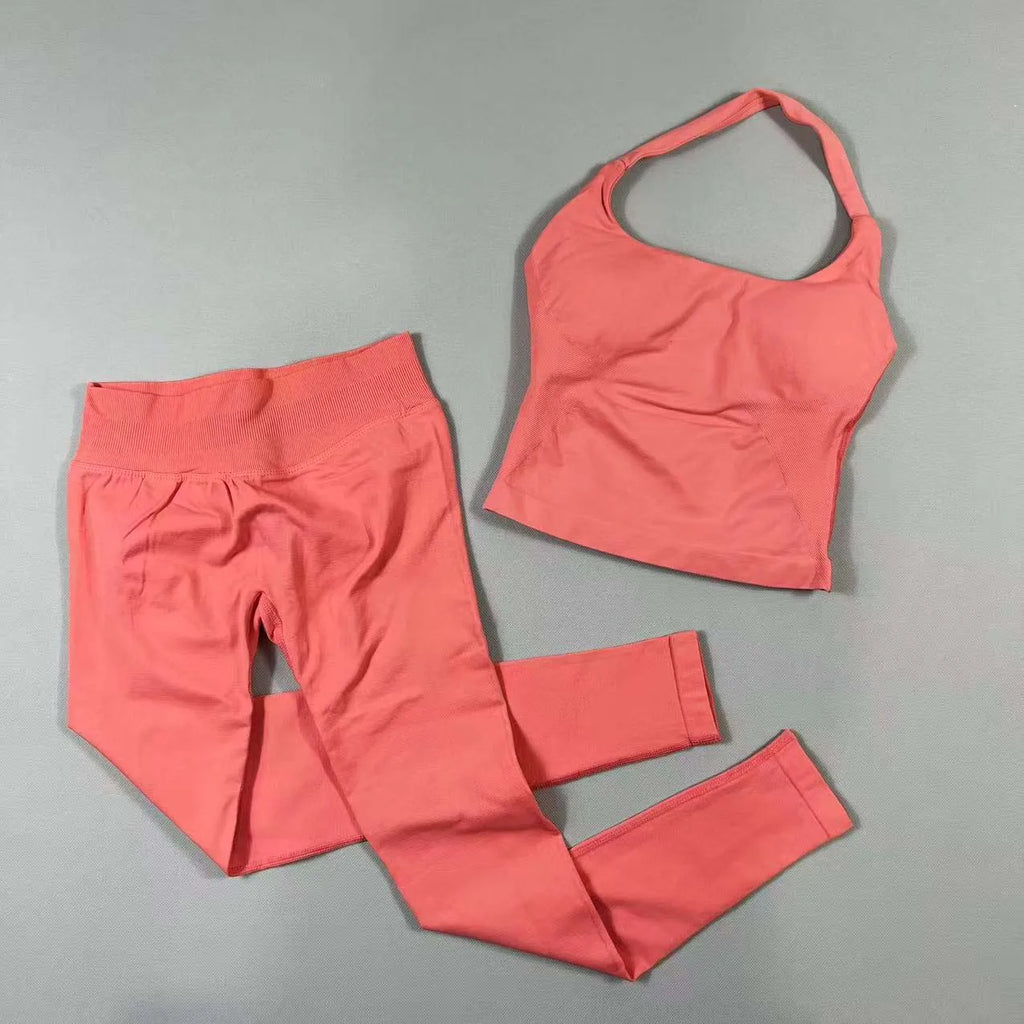 OHNE LOGO Yoga-Outfit Sport-Impact-Gym-Set Neckholder-Oberteil und Leggings-Hosen-Sets Rückenloses Neckholder-Design Hochelastische Sportbekleidung