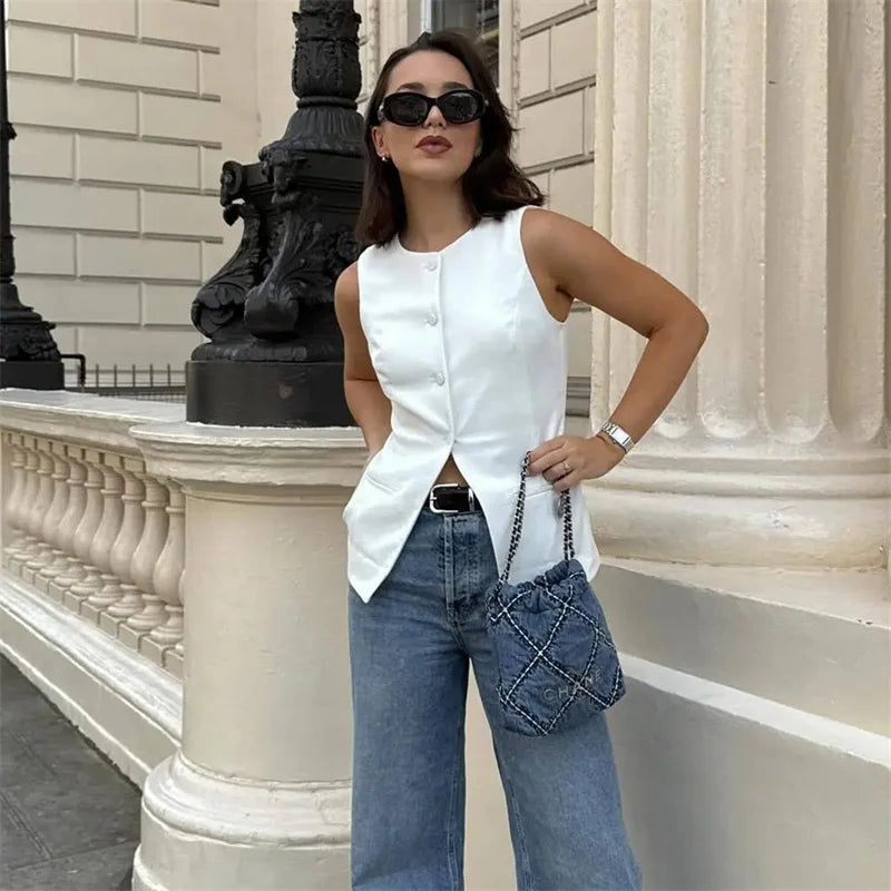 DAMEN 2025 Weiß Ärmellose Weste Damen Knopf Sommerwesten für Damen Jacke Rosa Weste Top Damen Streetwear Damen Maßgeschneiderte Weste