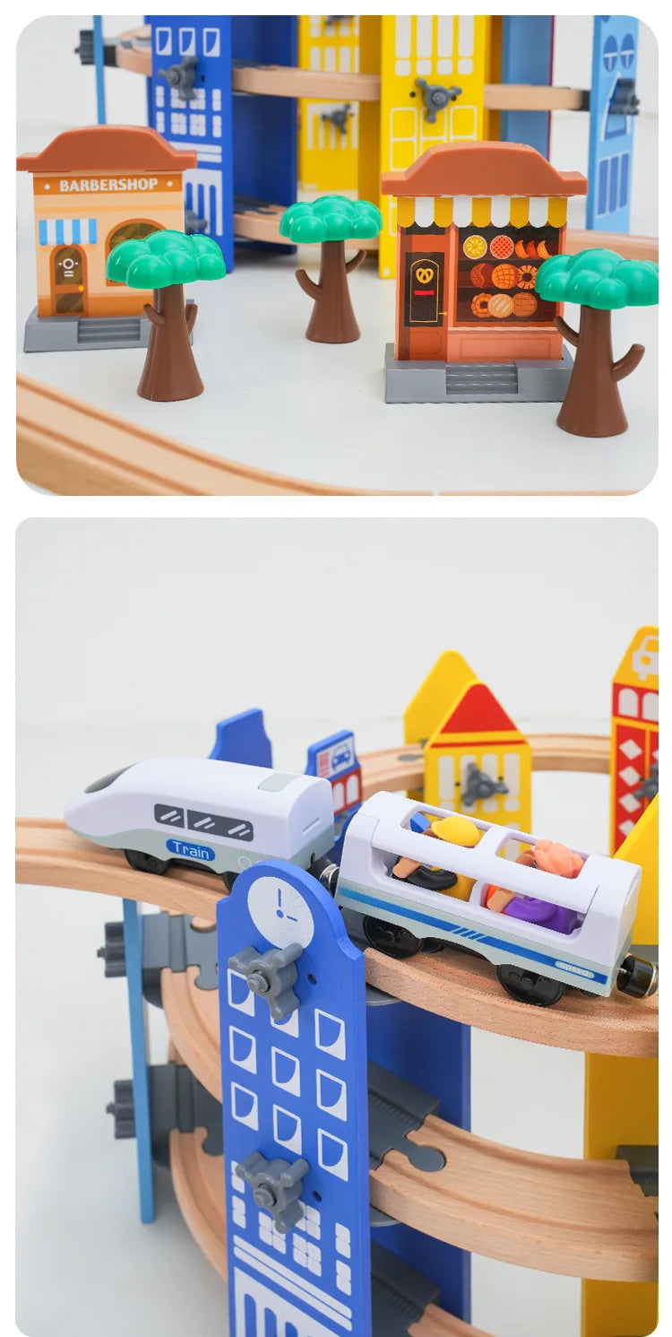 Neues Holzeisenbahn-Schienenset, elektrischer Zug, Magnetauto, Druckguss-Steckplatz, passend für alle Marken, Biro Holzschienen, Montagespielzeug, Jungen-Geschenk