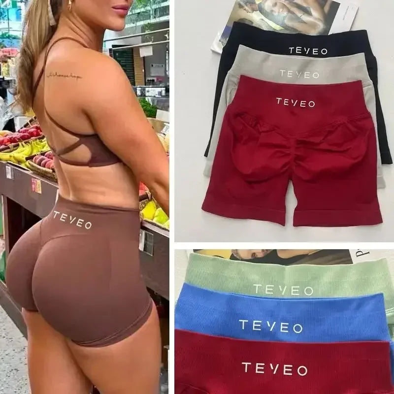 TEVEO Damen Yoga Shorts Dehnbar Atmungsaktiv Peach Butt Lift Fitness Laufshorts High Waist Stretch Schweißableitend Zweitbild
