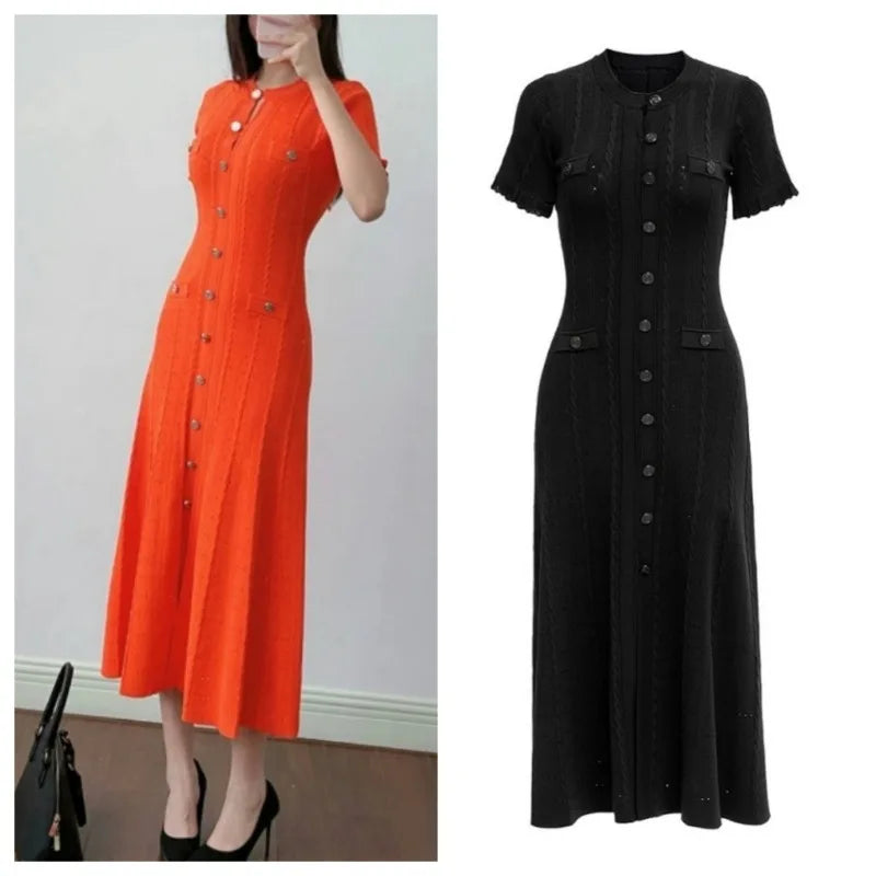 Sommer einfarbig Rundhals Kurzarm Business-Kleid Damen Koreanisch Einreiher Ausgeschnittenes langes Kleid Modetrend
