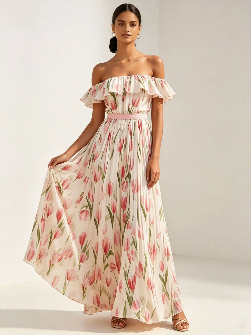 2026 Sommer schulterfreies Kleid mit Tulpenprint in großen Größen, schlankmachend, mit eckigem Ausschnitt und Maxilänge