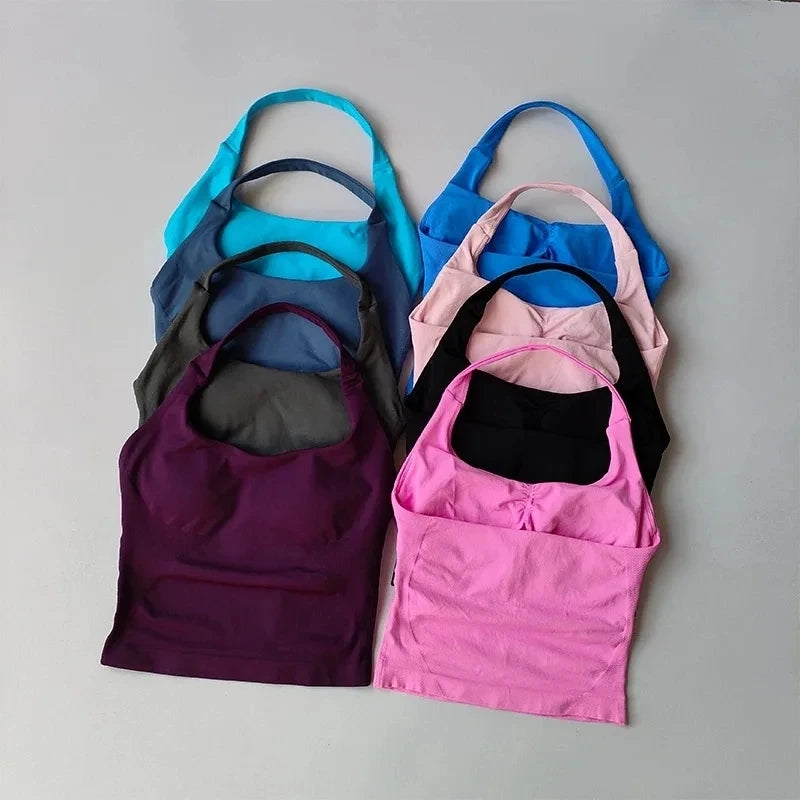 Nahtlose Neckholder-Yoga-Tanktops für Damen mit integriertem BH, gepolstertem Gymnastik-Top, ärmellosem Shirt, tailliert, rückenfrei, Sportbekleidung Hauptbild