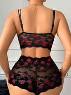 Sexy Lippenprint Damen Unterwäsche Set Hohl-Spitze Ungefütterter BH Sexy Dessous Set Dünner Cup Ohne Bügel Sexy BHs und Transparenter Slip