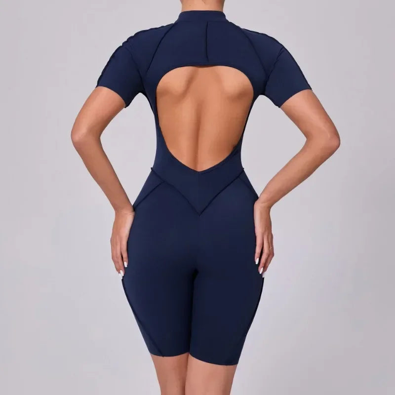 Damen-Trainingsanzug Fitness-Workout Sportkleidung Outfit Reißverschluss-Jumpsuit Yoga Fitness Overall Set Offene Rücken Bodysuits Anzug für Damen