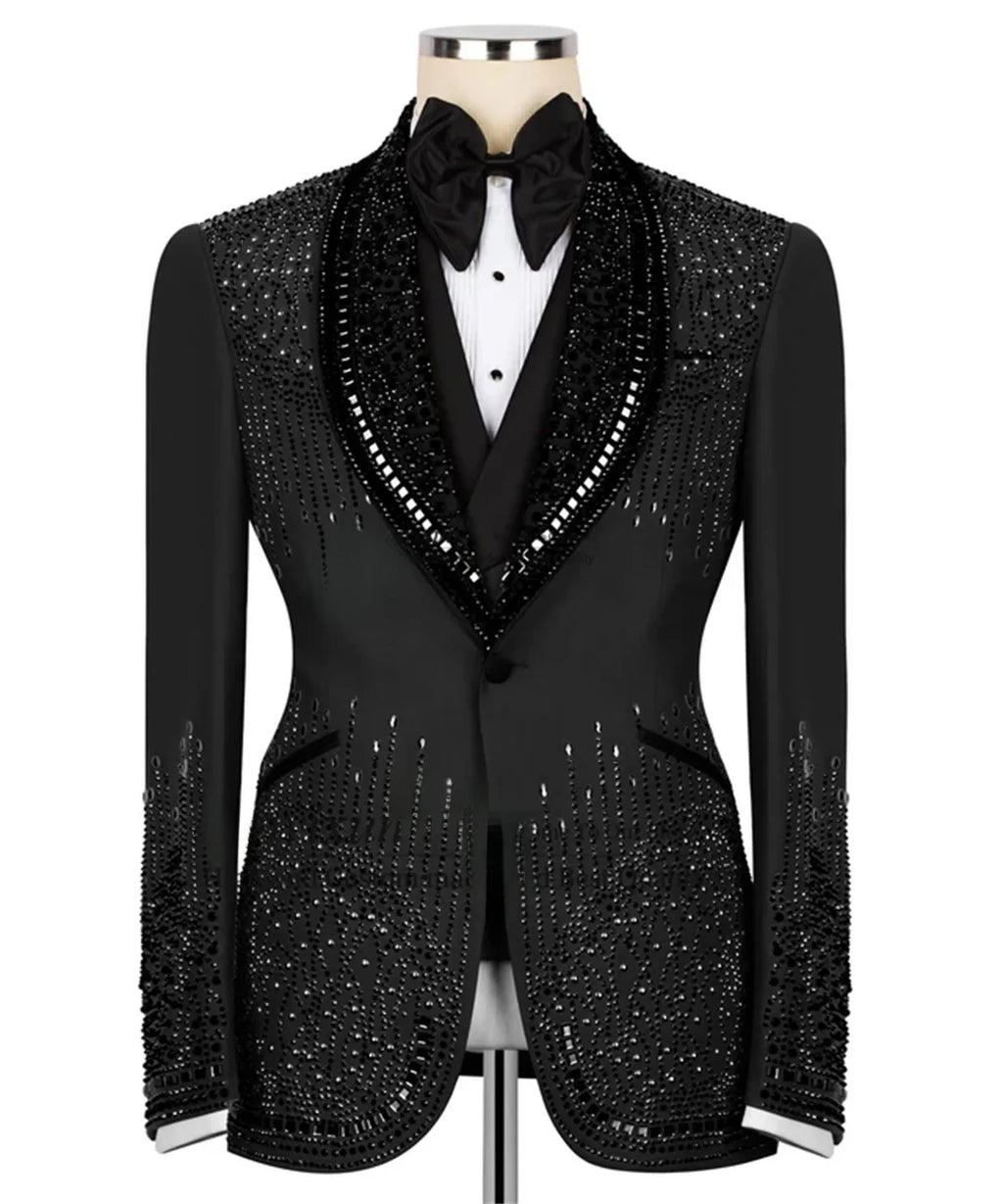 Luxuriöses Kostüm Herrenanzug 2-teiliges Set Strass Kristalle Schalkragen Maßgeschneiderte Hochzeit Slim Fit Smokings Blazer für den Bräutigam