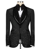 Luxuriöses Kostüm Herrenanzug 2-teiliges Set Strass Kristalle Schalkragen Maßgeschneiderte Hochzeit Slim Fit Smokings Blazer für den Bräutigam