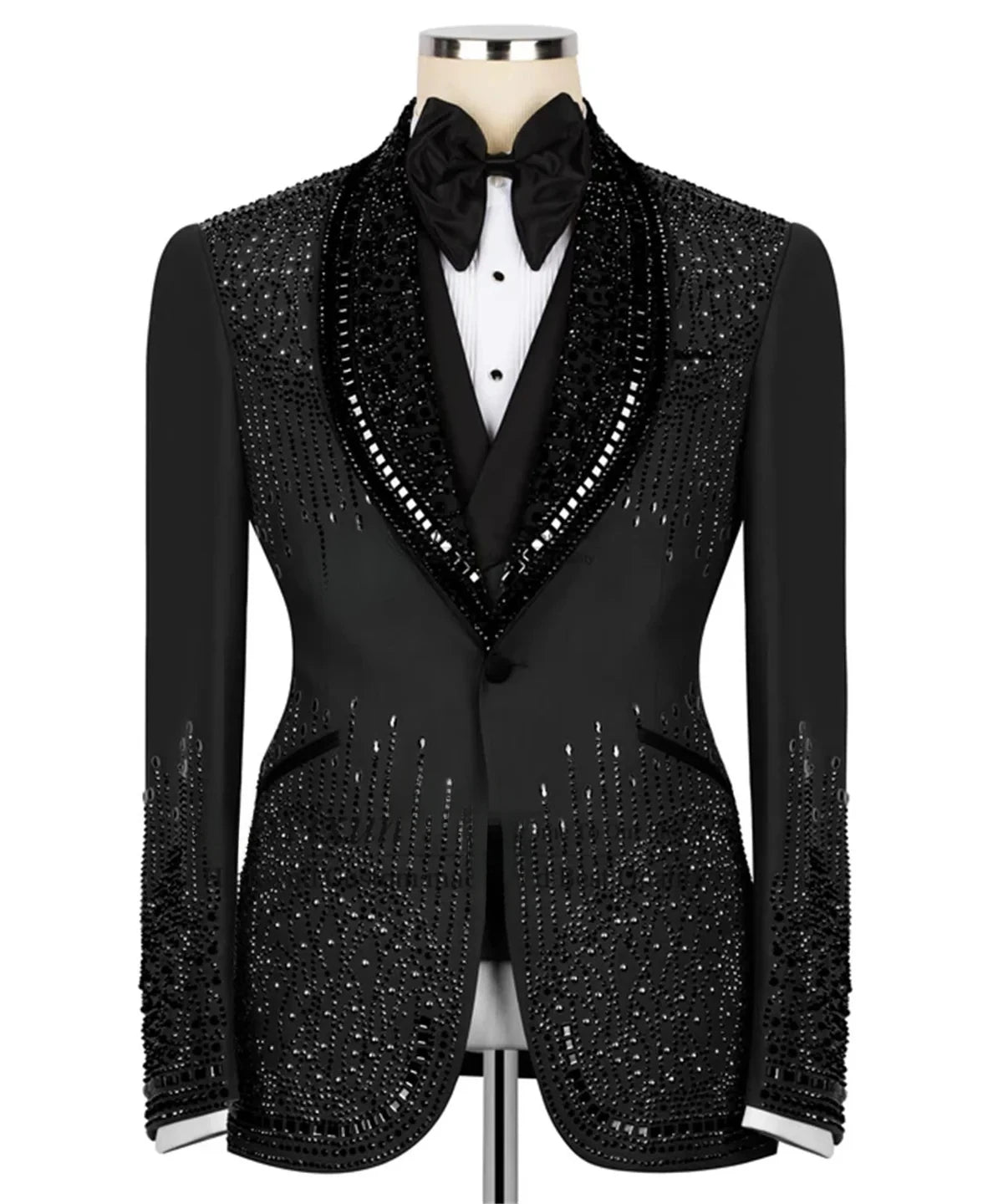 Luxuriöses Kostüm Herrenanzug 2-teiliges Set Strass Kristalle Schalkragen Maßgeschneiderte Hochzeit Slim Fit Smokings Blazer für den Bräutigam